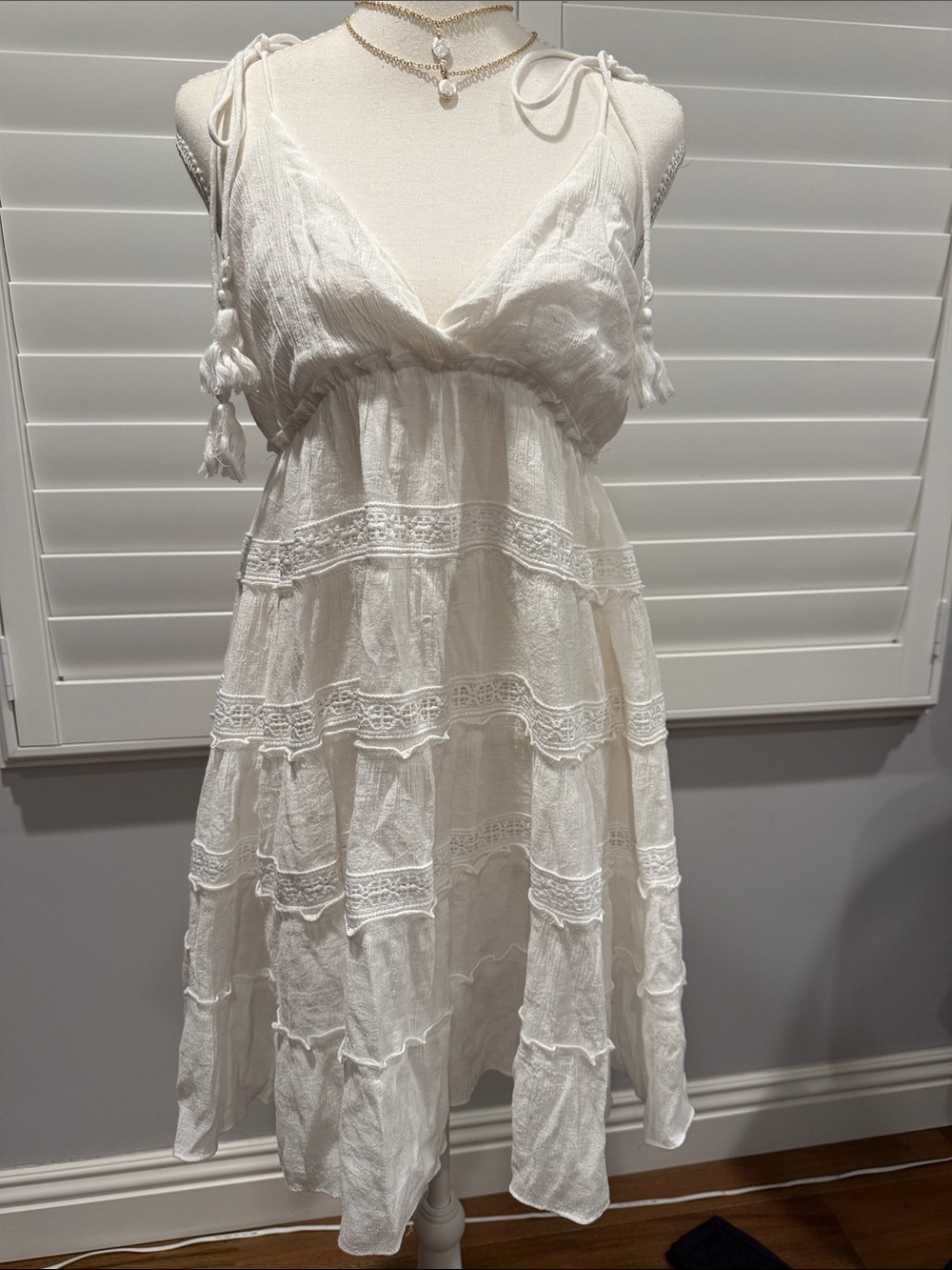 All in Favor White Tie-Shoulder Tiered Mini Dress